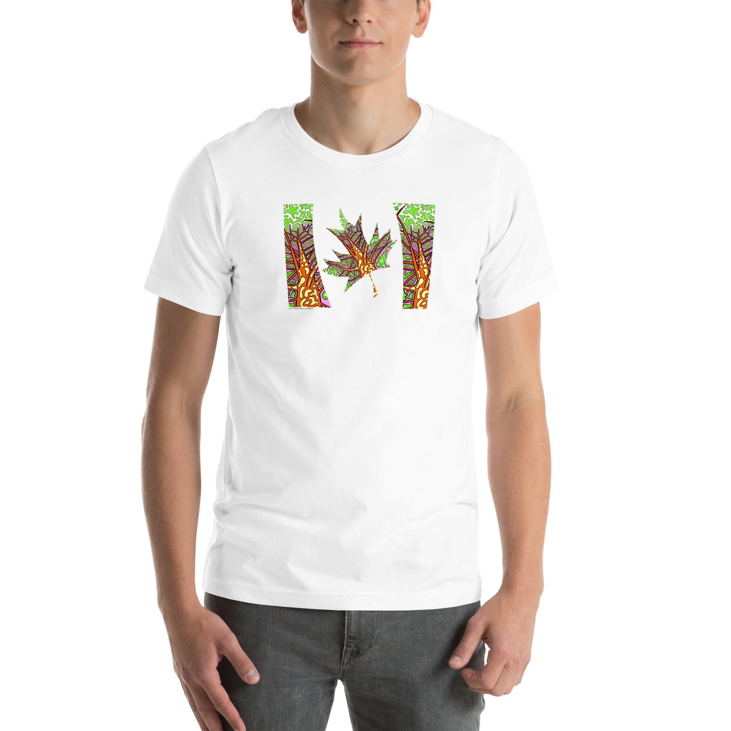 Model wearing  Trippy Northern Ontario inspired Canadian unisex t-shirt  white