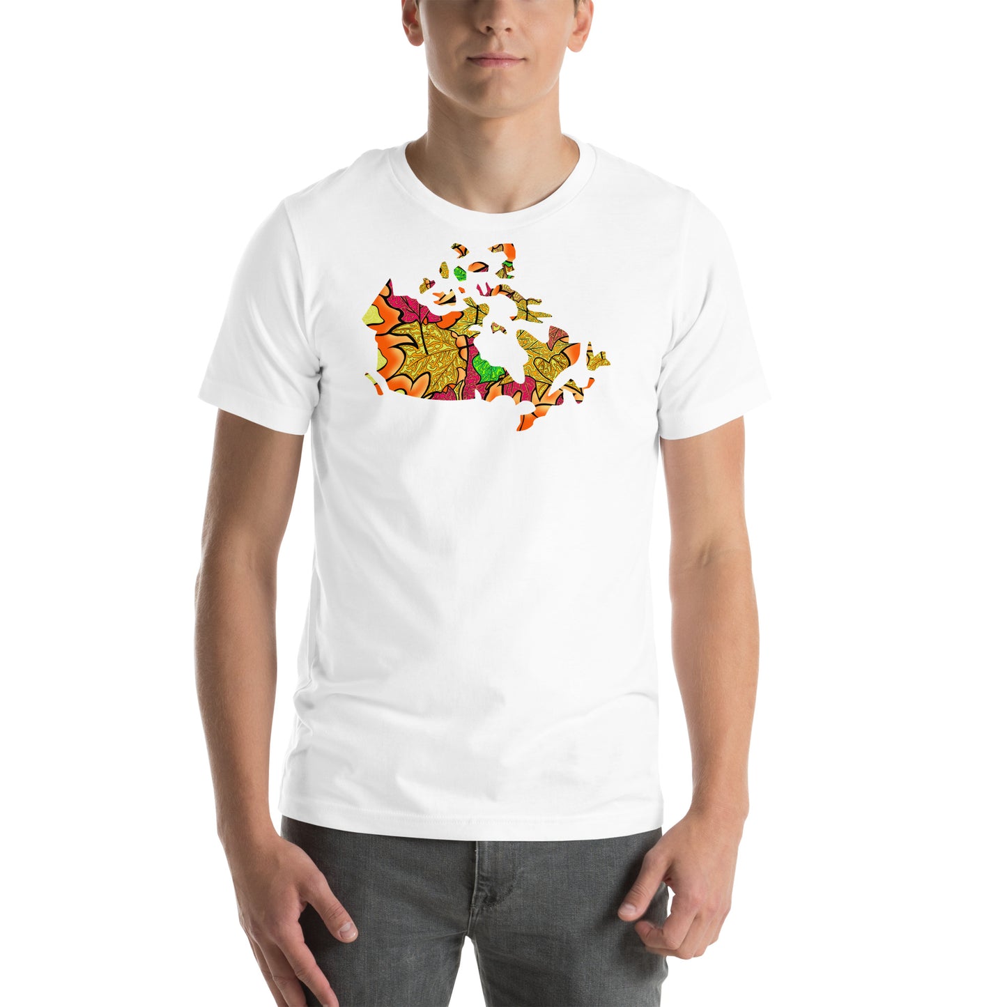Model wearing Haliburton Leaves, Canadian leaf inspired map of Canada unisex t-shirt. White