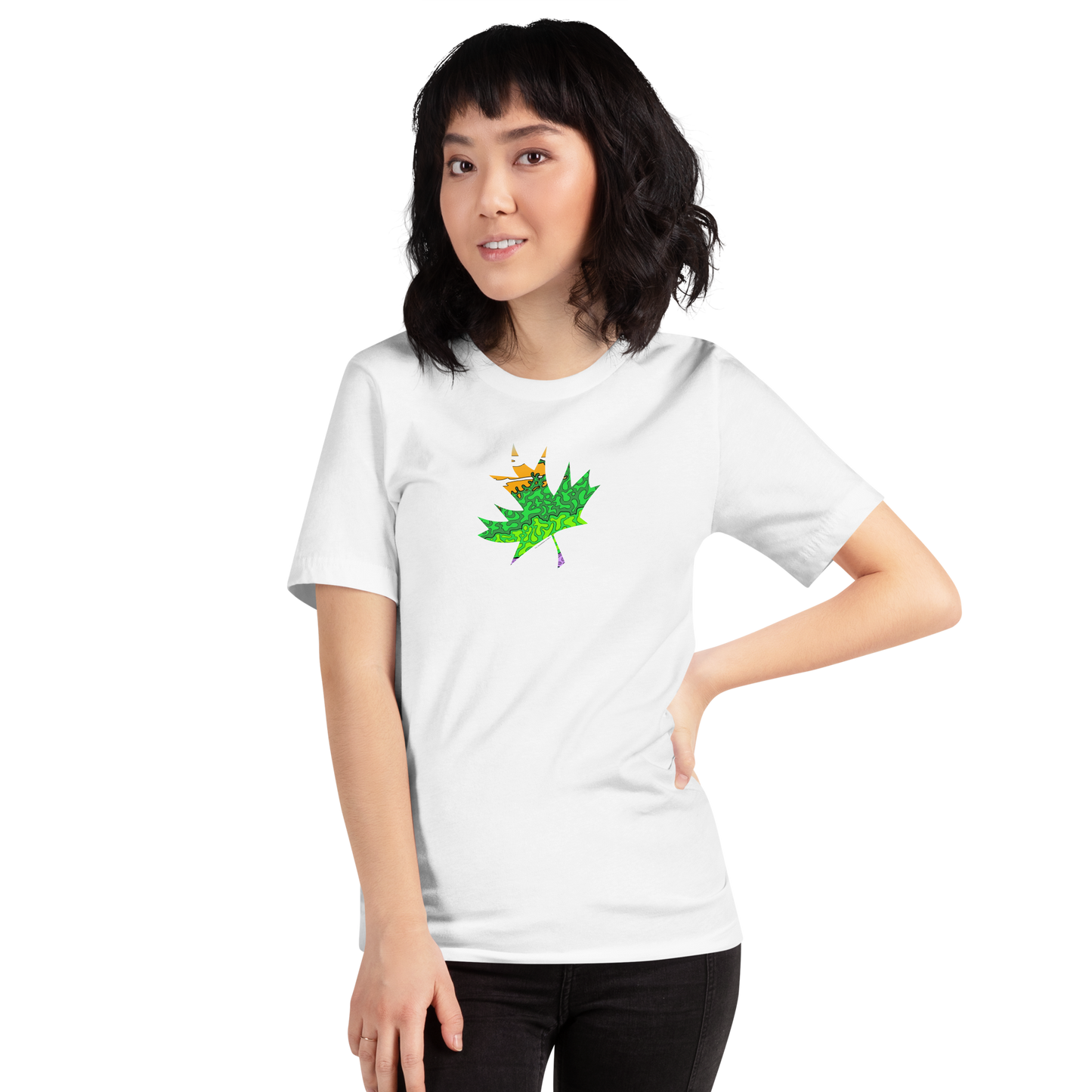 Model wearing Trippy Green & Orange Maple Leaf unisex white Tee