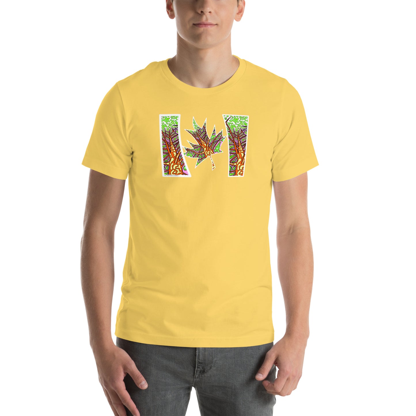 Model wearing  Trippy Northern Ontario inspired Canadian unisex t-shirt  yellow