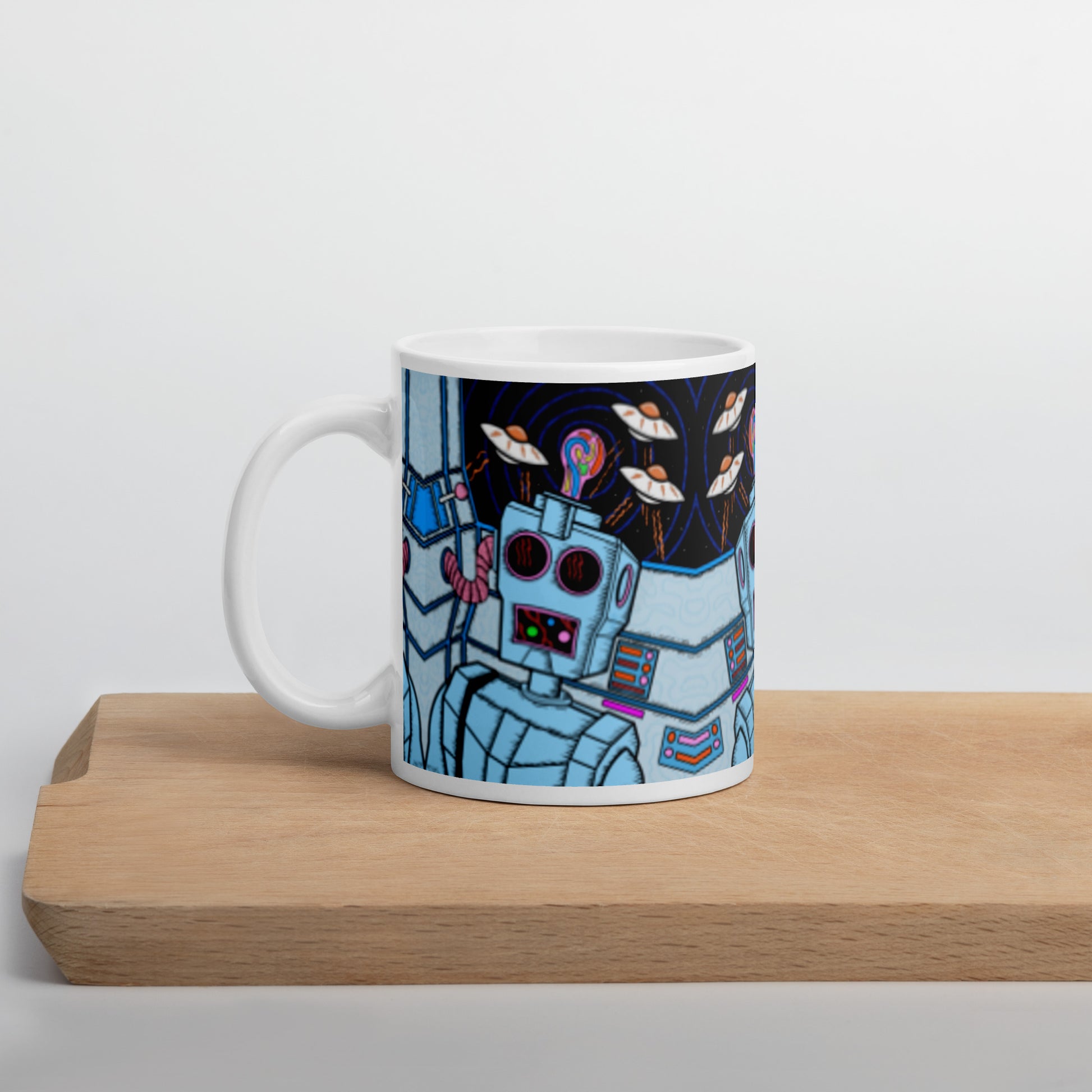 8 Bit Robot -Groovy psychedelic ceramic mug with trippy retro character design. Dishwasher safe, and Canadian-made—perfect for bold coffee lovers.