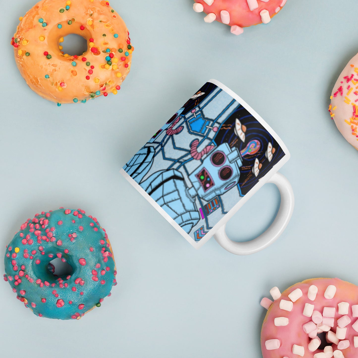 8 Bit Robot -Groovy psychedelic ceramic mug with trippy retro character design. Dishwasher safe, and Canadian-made—perfect for bold coffee lovers.