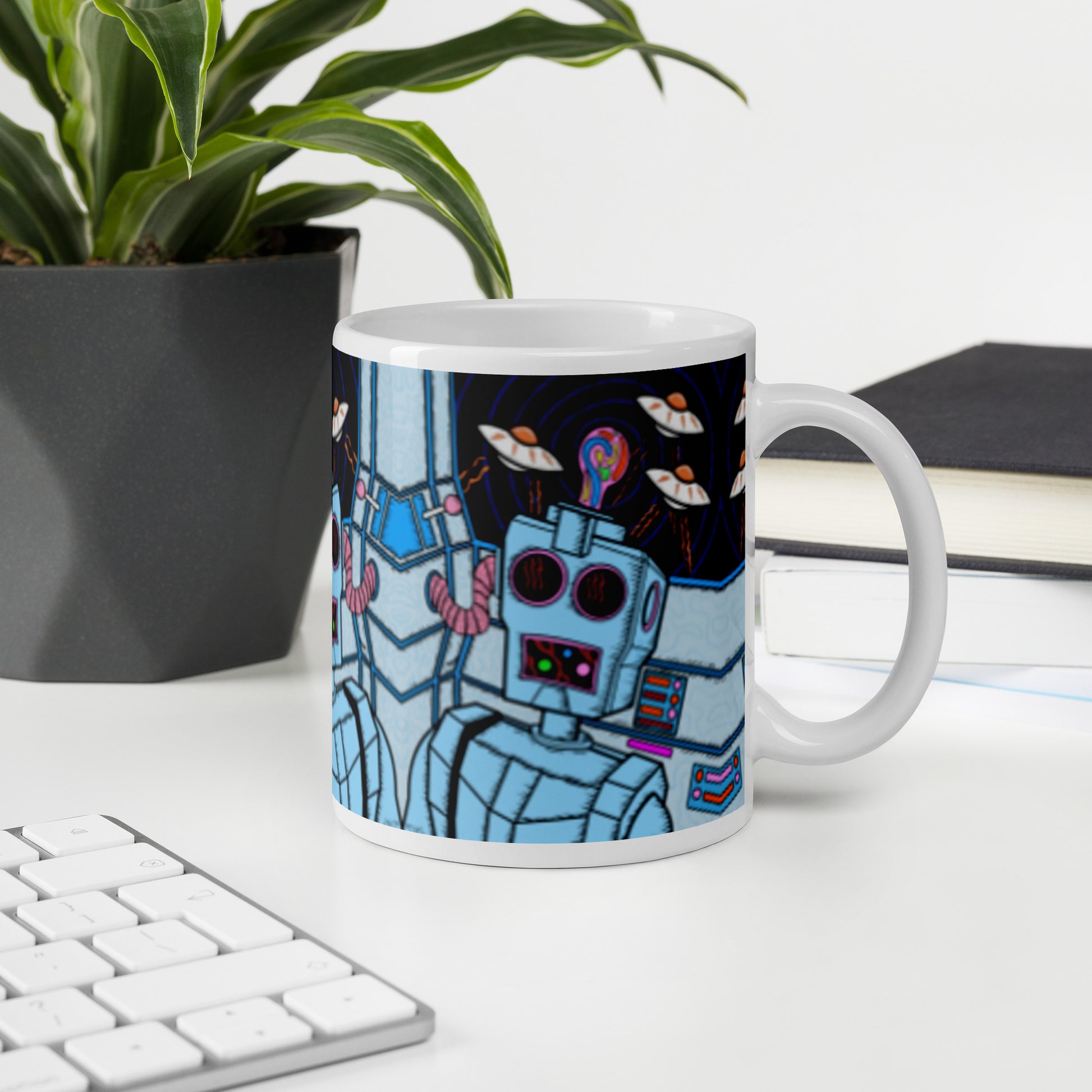 8 Bit Robot -Groovy psychedelic ceramic mug with trippy retro character design. Dishwasher safe, and Canadian-made—perfect for bold coffee lovers.
