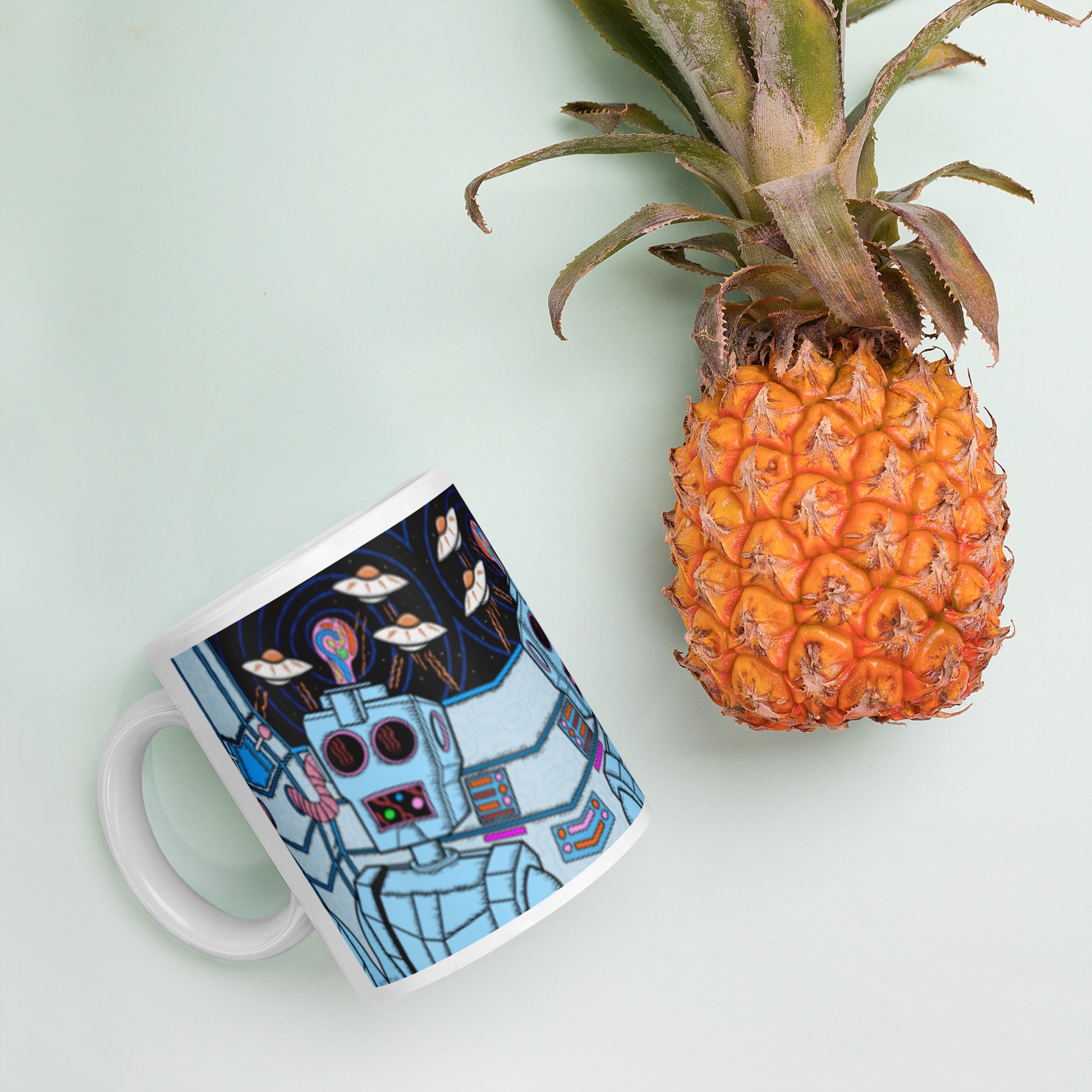 8 Bit Robot -Groovy psychedelic ceramic mug with trippy retro character design. Dishwasher safe, and Canadian-made—perfect for bold coffee lovers.