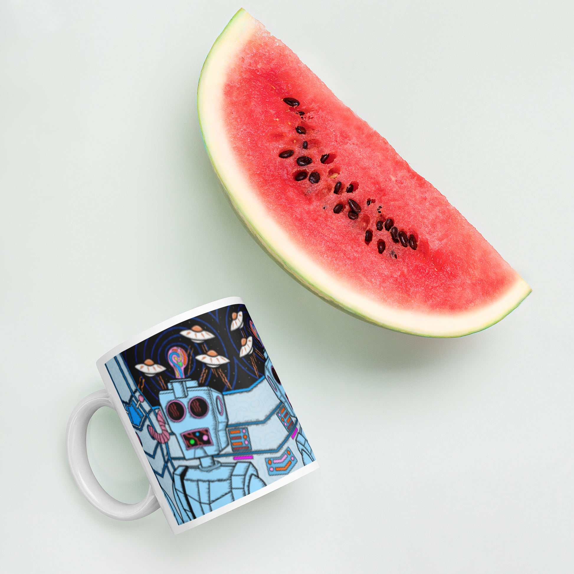 8 Bit Robot -Groovy psychedelic ceramic mug with trippy retro character design. Dishwasher safe, and Canadian-made—perfect for bold coffee lovers.