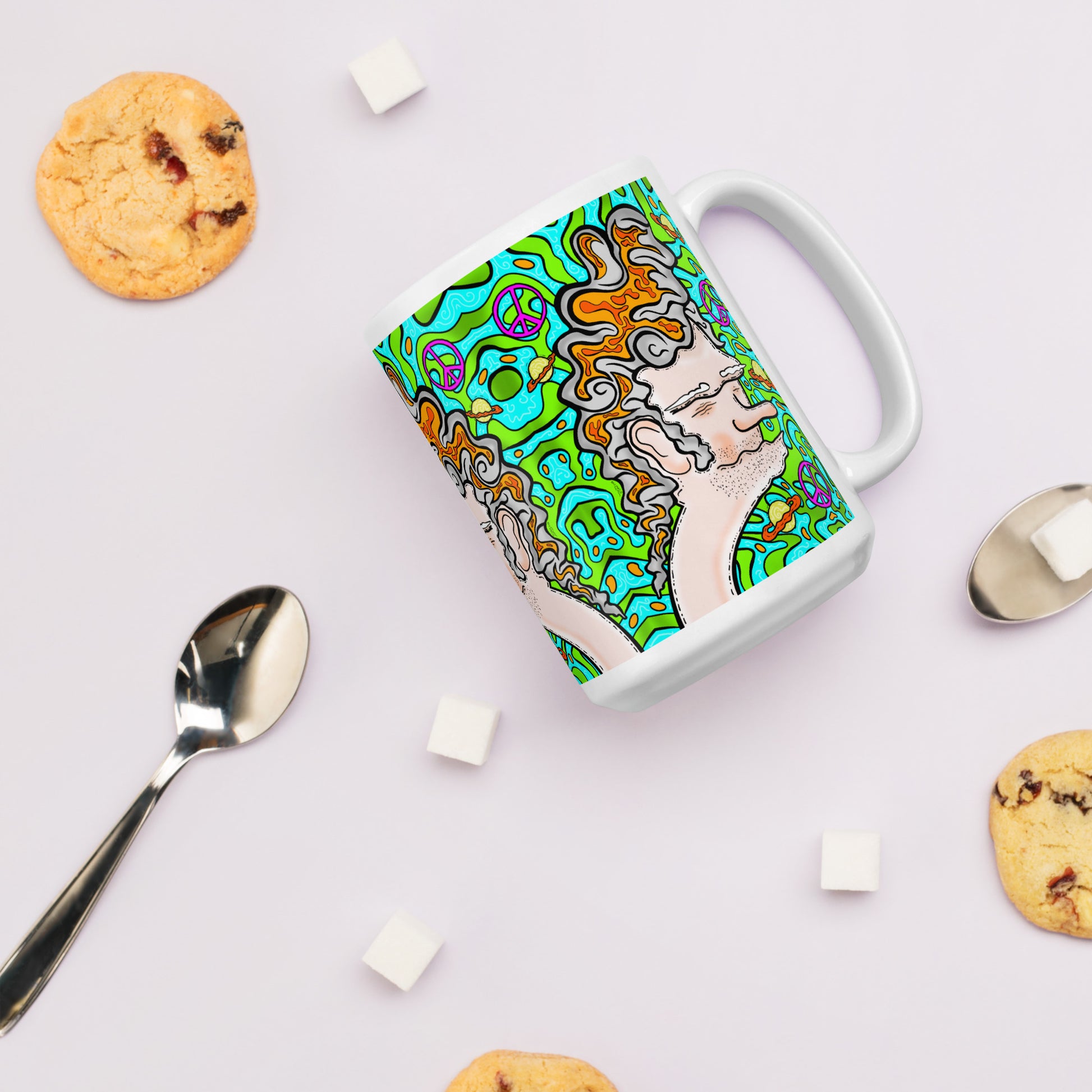 60s Sven Groovy psychedelic ceramic mug with trippy retro character design. Dishwasher safe, and Canadian-made—perfect for bold coffee lovers.