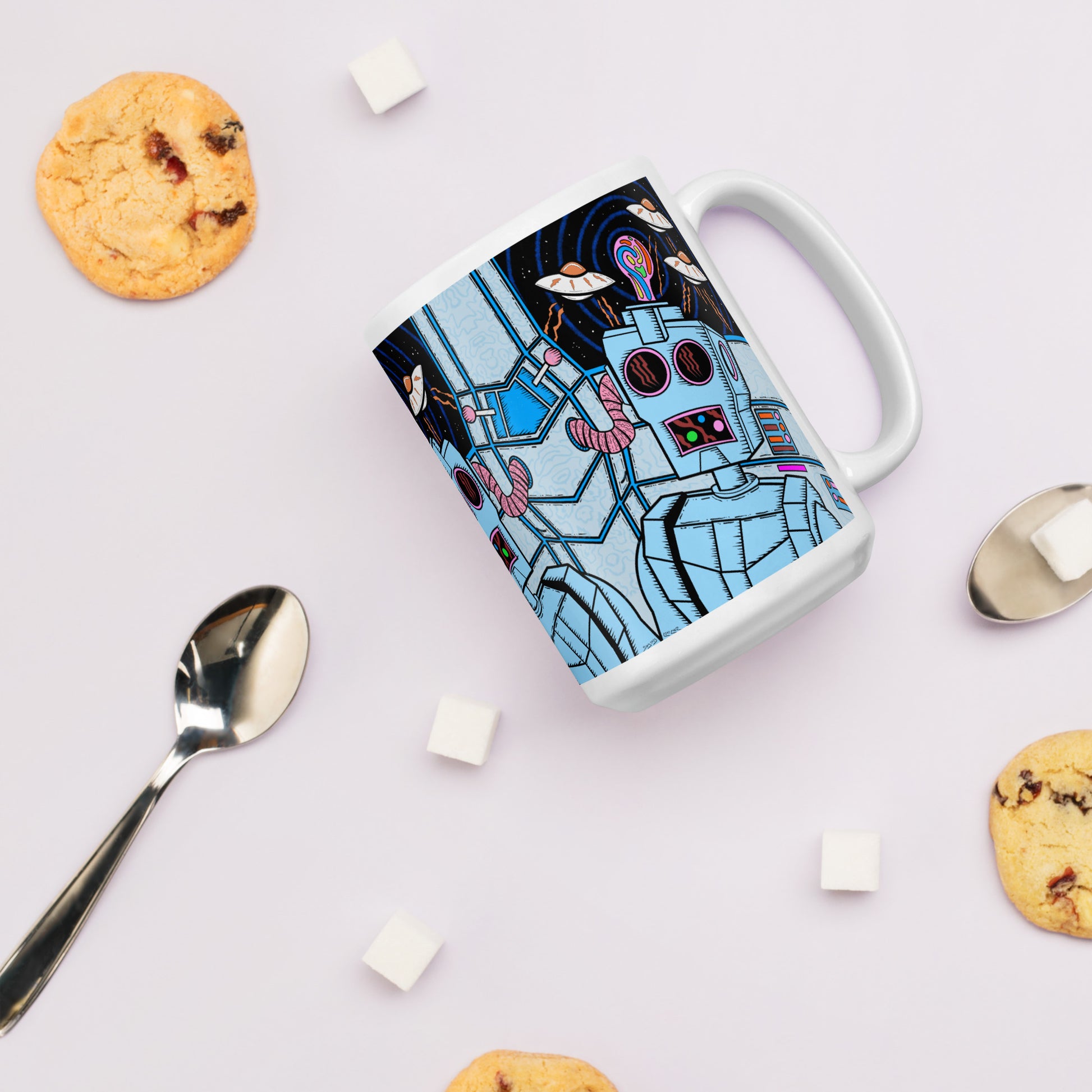 8 Bit Robot -Groovy psychedelic ceramic mug with trippy retro character design. Dishwasher safe, and Canadian-made—perfect for bold coffee lovers.