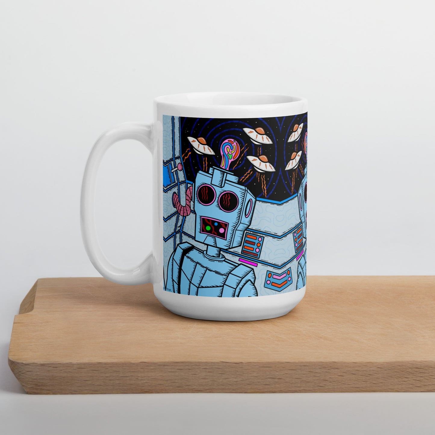 8 Bit Robot -Groovy psychedelic ceramic mug with trippy retro character design. Dishwasher safe, and Canadian-made—perfect for bold coffee lovers.