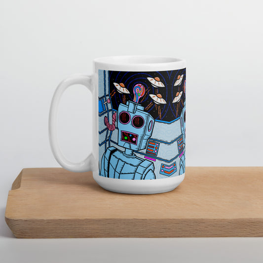 8 Bit Robot -Groovy psychedelic ceramic mug with trippy retro character design. Dishwasher safe, and Canadian-made—perfect for bold coffee lovers.
