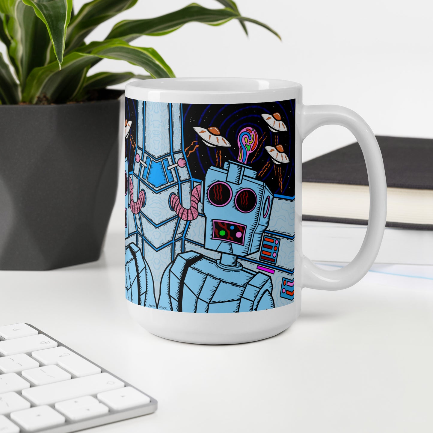 8 Bit Robot -Groovy psychedelic ceramic mug with trippy retro character design. Dishwasher safe, and Canadian-made—perfect for bold coffee lovers.