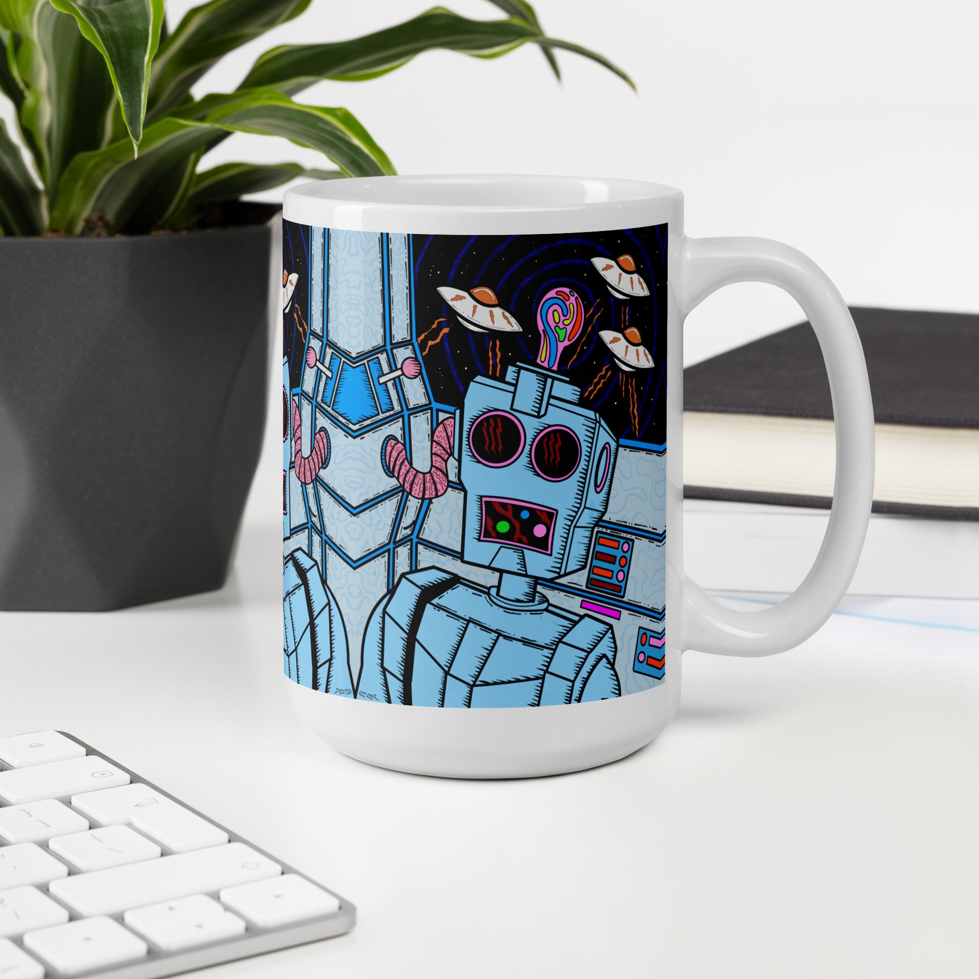 8 Bit Robot -Groovy psychedelic ceramic mug with trippy retro character design. Dishwasher safe, and Canadian-made—perfect for bold coffee lovers.