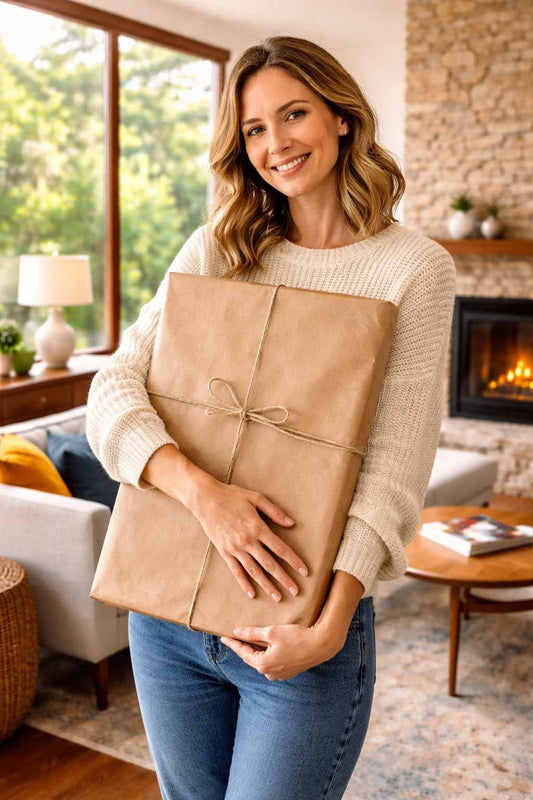 Canvas print art gift wrapped in brown paper held by woman in Northern Ontario cottage interior