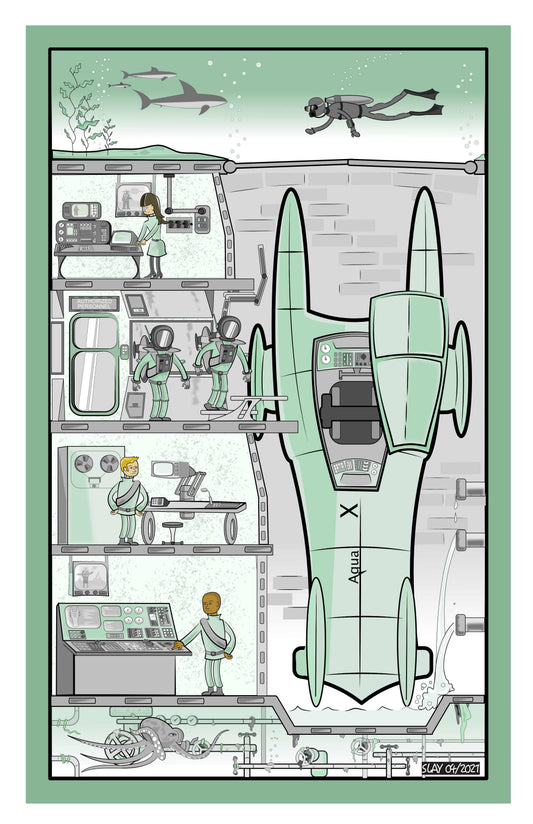 Aqua Collection illustration featuring futuristic submarines and divers exploring the ocean.