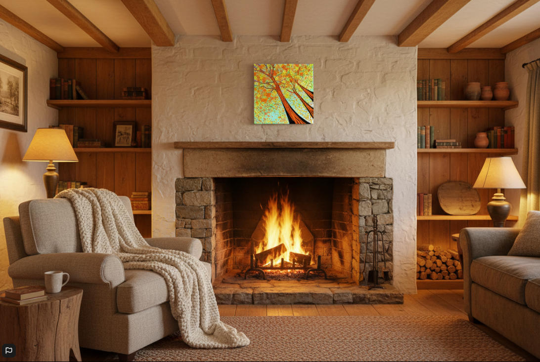 Autumn Grandeur canvas print above fireplace — cozy fall wall art for cottage living rooms & bedrooms