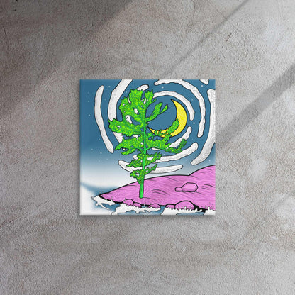 Canvas print with a stylized landscape featuring a tree, moon, and clouds on a textured wall.