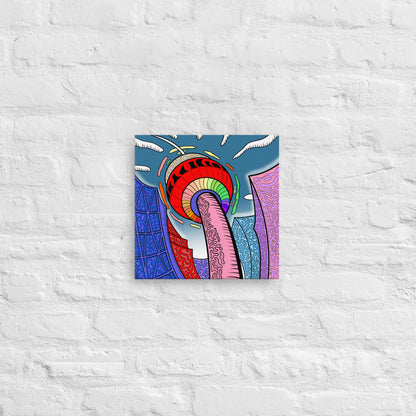 Colourful rainbow like abstract artwork of Calgary Tower on a textured white brick surface