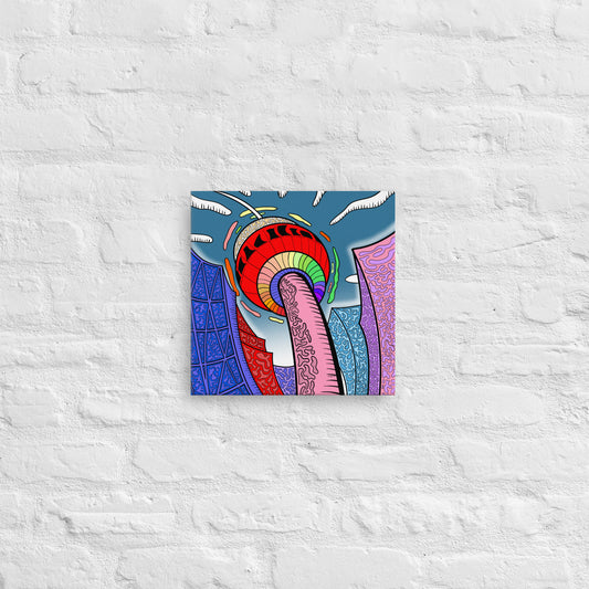 Colourful rainbow like abstract artwork of Calgary Tower on a textured white brick surface