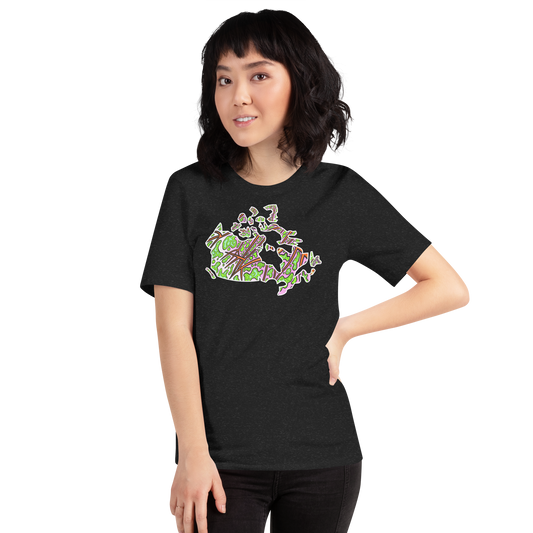 Model wearing Trippy bright Canada map design printed on unisex t-shirt black