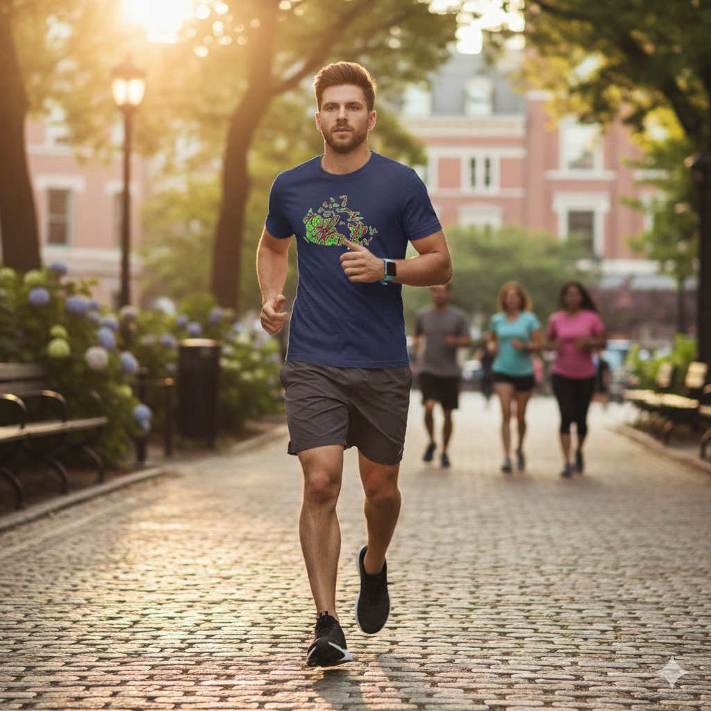 Man running on a paved path in an urban park wChippewa Canada Map - Unisex t-shirt  ith trees and buildings in the background.