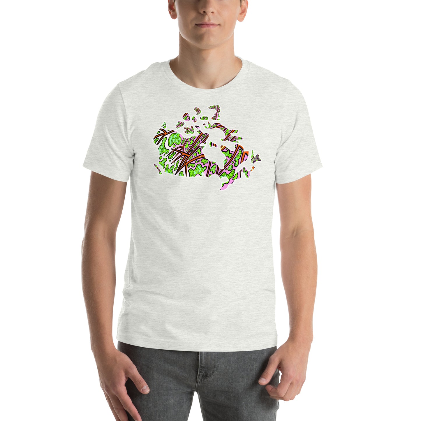 Model wearing Trippy Canada map design printed on Ash unisex t-shirt