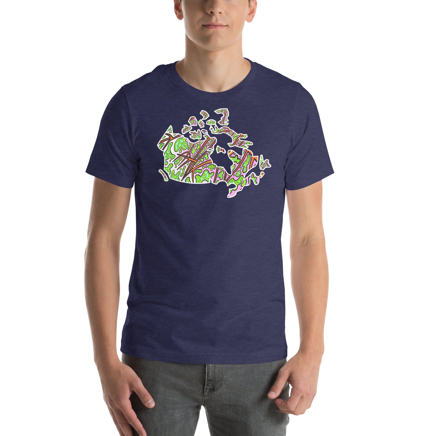 Model wearing Trippy Canada map design printed on unisex t-shirt navy