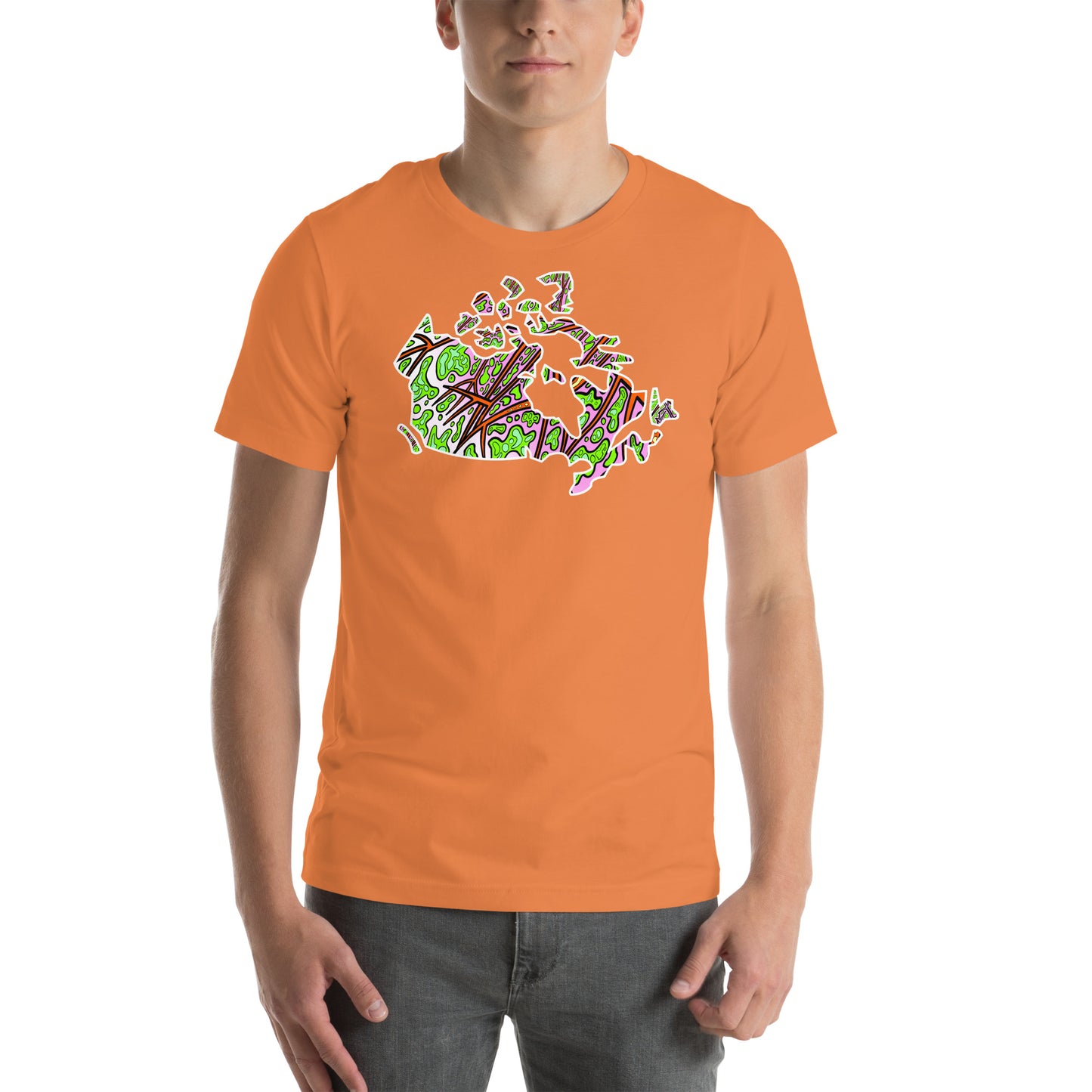 Model wearing Trippy Canada map design printed on unisex t-shirt orange