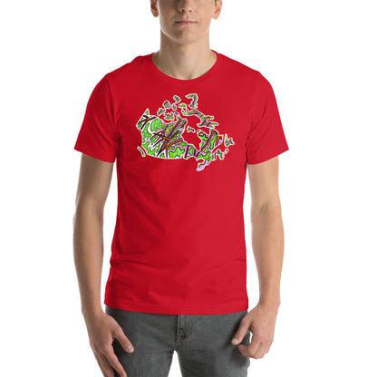 Model wearing  Trippy Canada map design printed on unisex t-shirt red