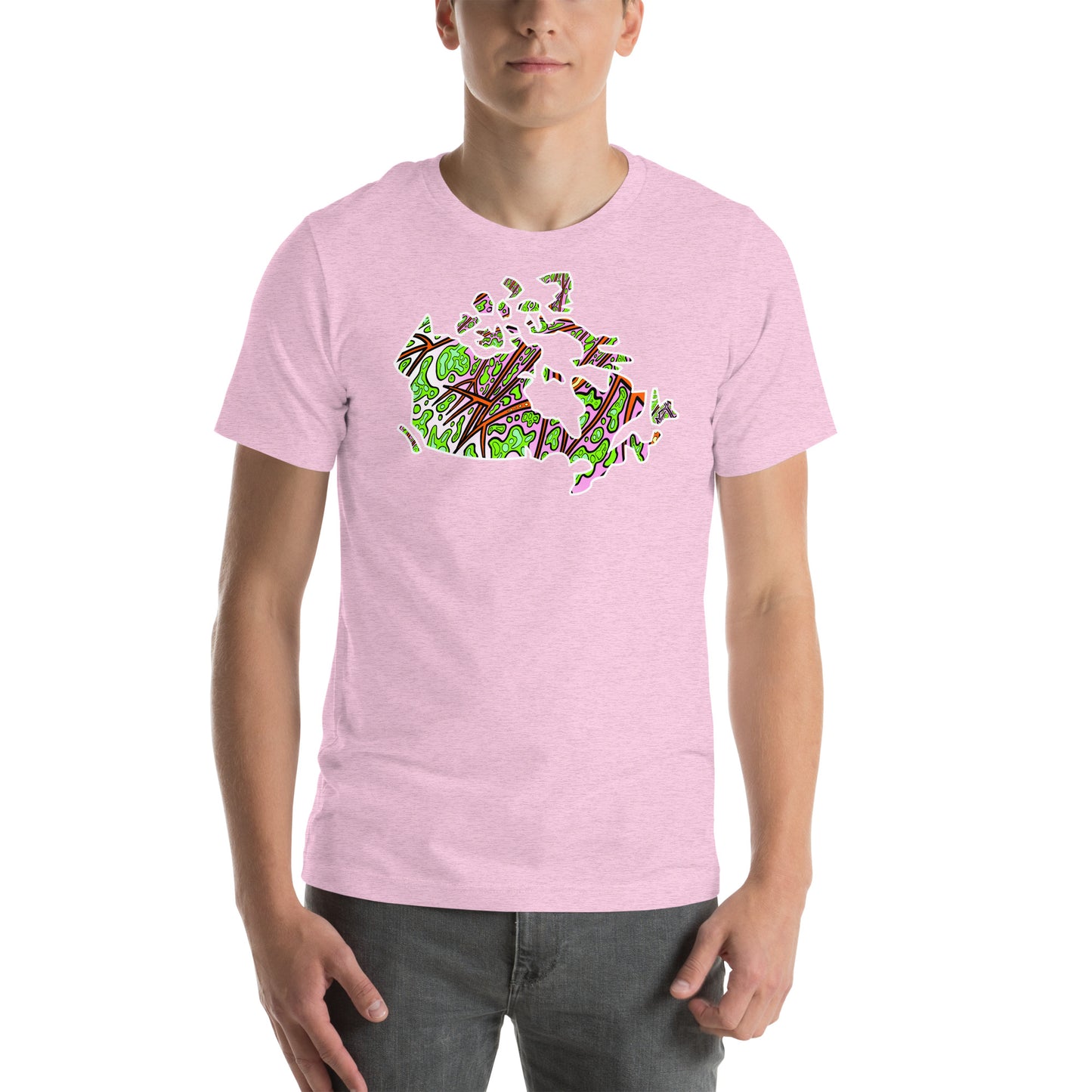 Model wearing Trippy Canada map design printed on unisex t-shirt lilac