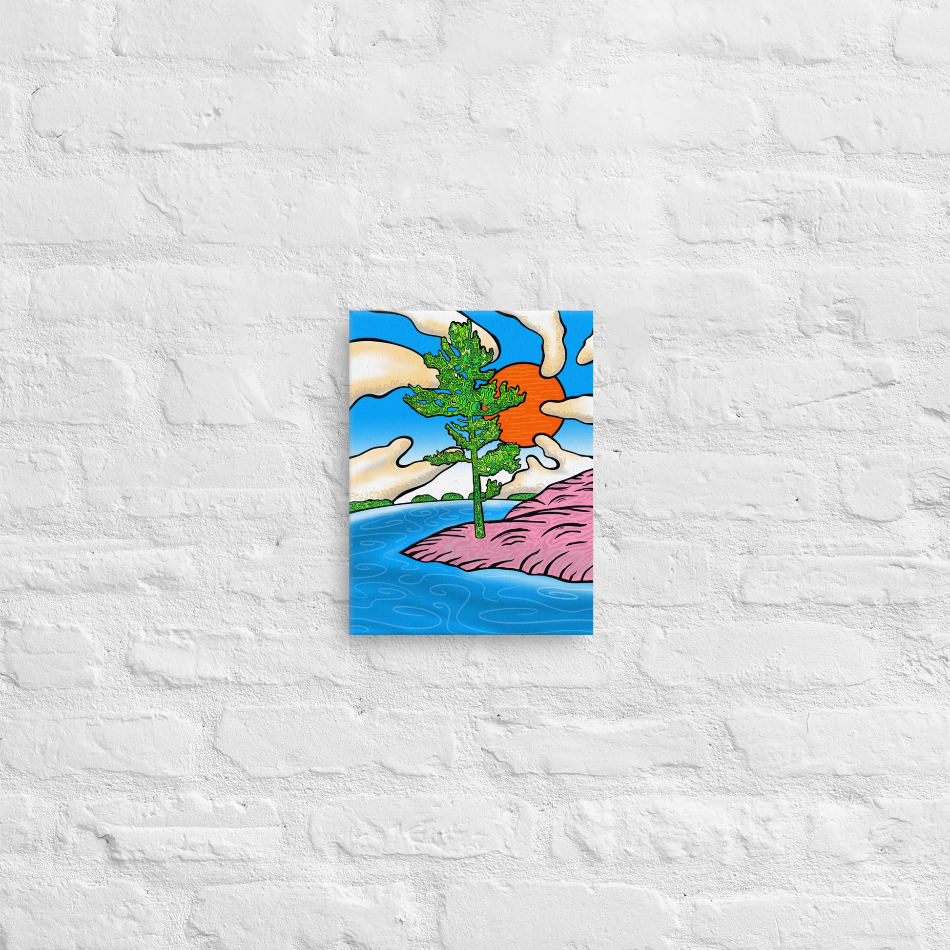 Vibrant Canadian landscape canvas print for contemporary decor with nature-inspired wall art, bold colour and abstract design on brick wall. 