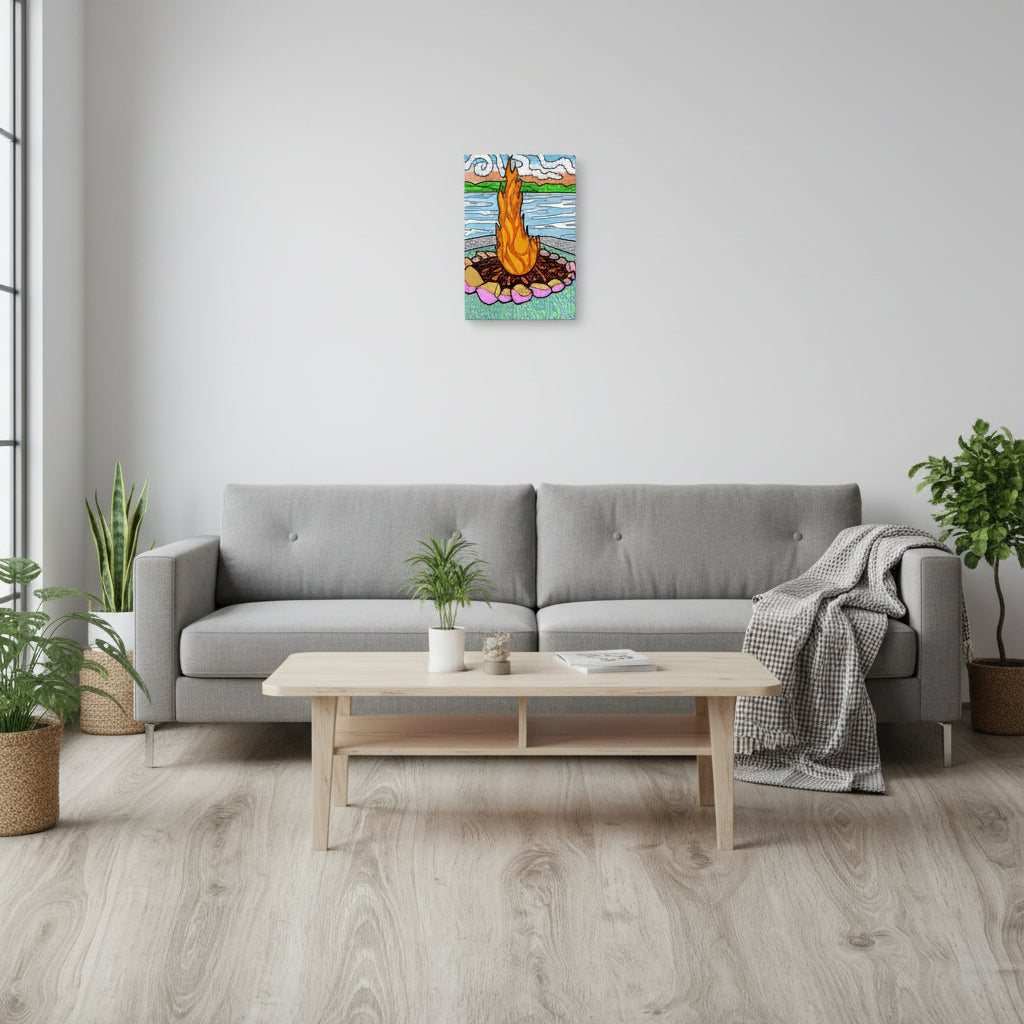 Day Fire at Whiskey Bay - vibrant campfire canvas on Lake Superior shore. Perfect Northern Ontario lover's gift