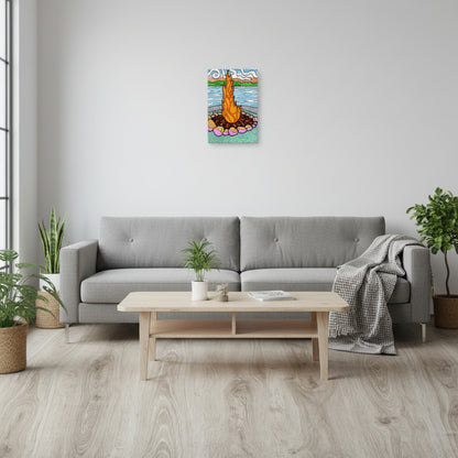 Day Fire at Whiskey Bay - vibrant campfire canvas on Lake Superior shore. Perfect Northern Ontario lover's gift