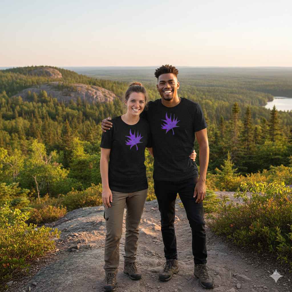 Two people wearing black t-shirts with purple leaf on a scenic landscape.