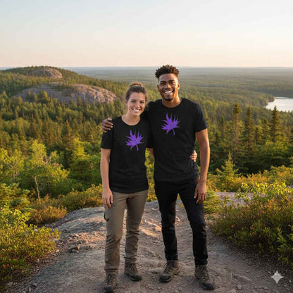 Two people wearing black t-shirts with purple leaf on a scenic landscape.