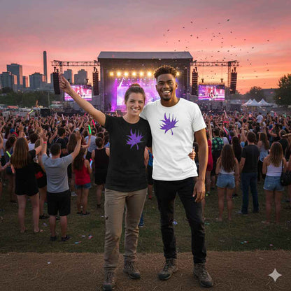 Two people at a concert with tshirts sporting purple maple leaf with a city skyline in the background
