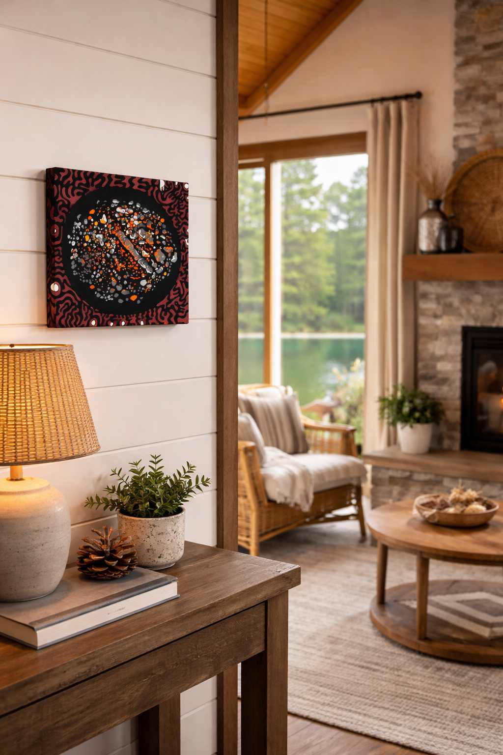 Firepit in West Guilford psychedelic campfire canvas - contemporary trippy cottage art gift for modern Canadian home decor