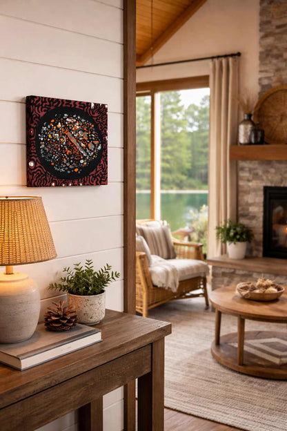 Firepit in West Guilford psychedelic campfire canvas - contemporary trippy cottage art gift for modern Canadian home decor