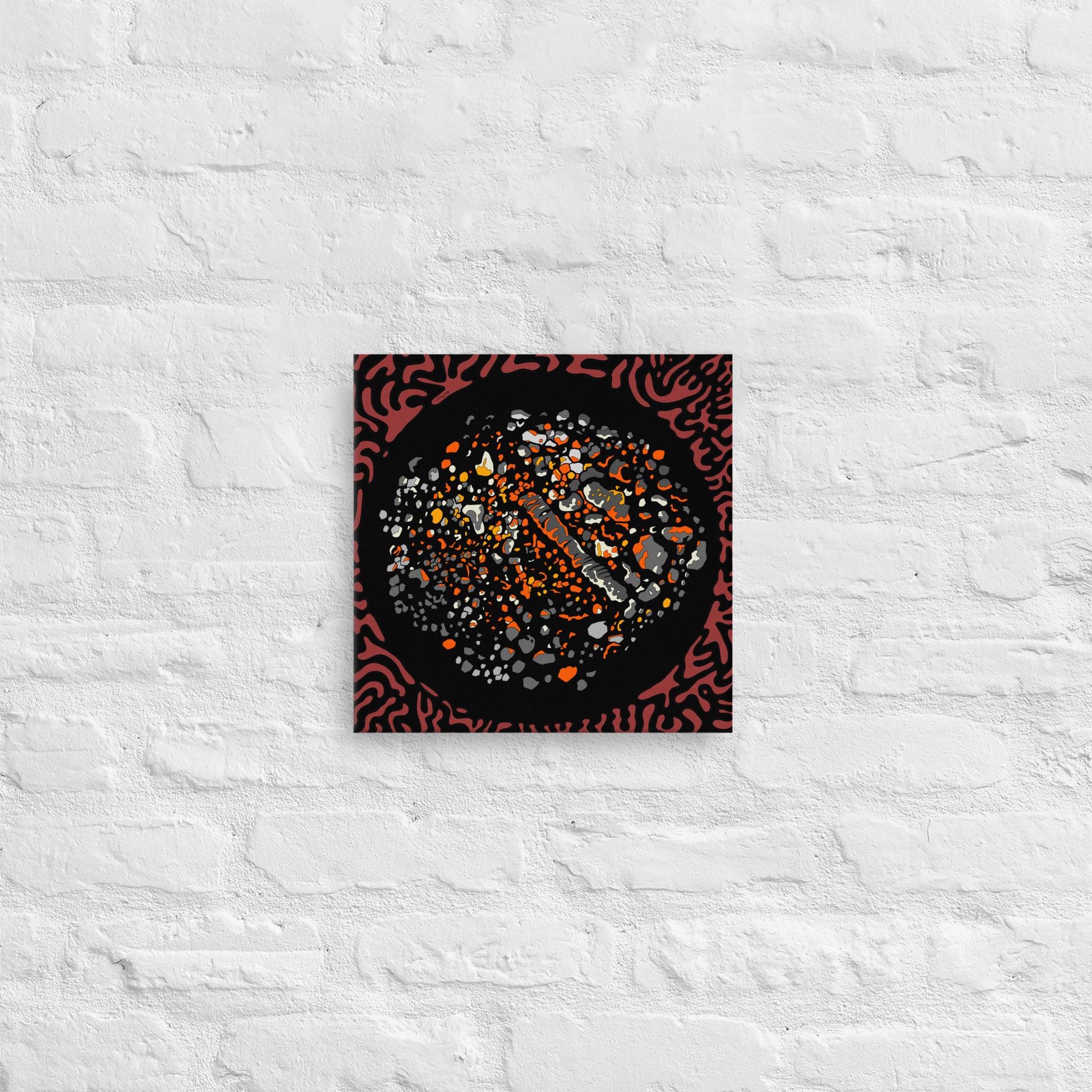 Fire pit In West Guilford - deep red and black print against brick wall 12x12 