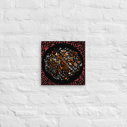 Fire pit In West Guilford - deep red and black print against brick wall 12x12 