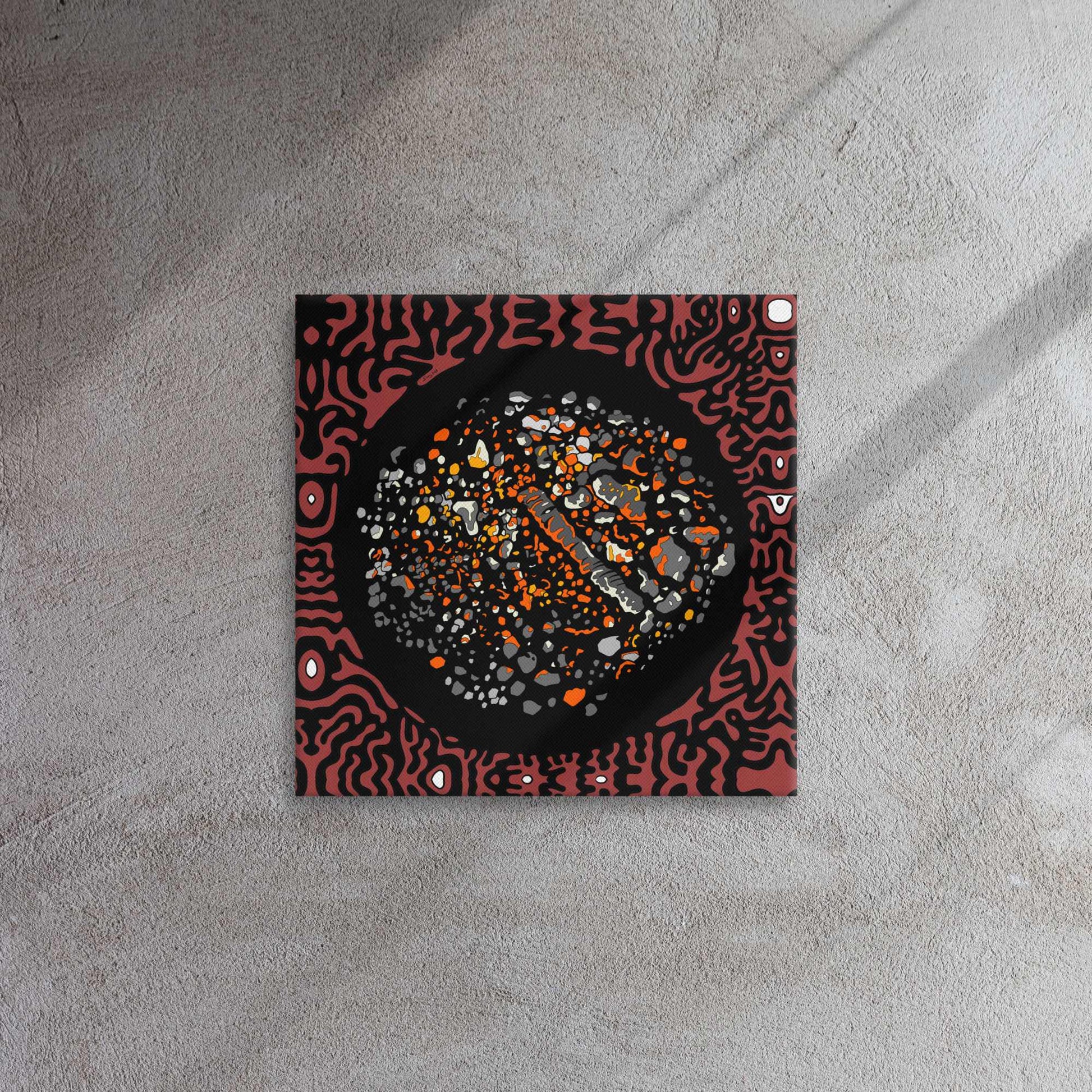 Square decorative dark red and black panel with abstract design on a textured wall