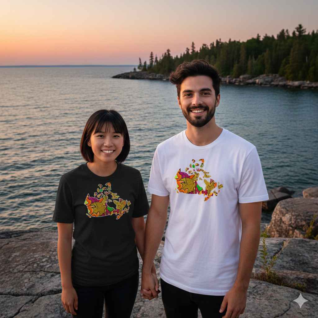 Two people standing by a lake with colourful map designs on their t-shirts.