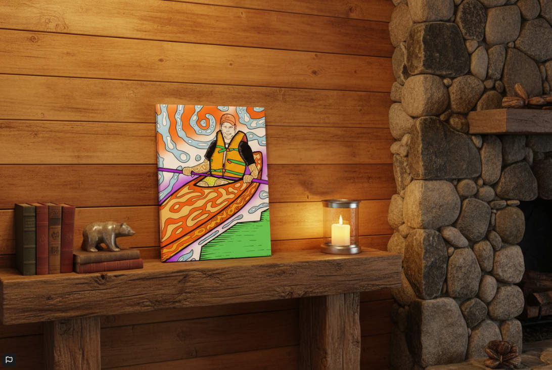 Kayak in Haliburton trippy canvas art - contemporary psychedelic Muskoka cottagecore wall decor for modern homes and Ontario cottage country. Shop now!