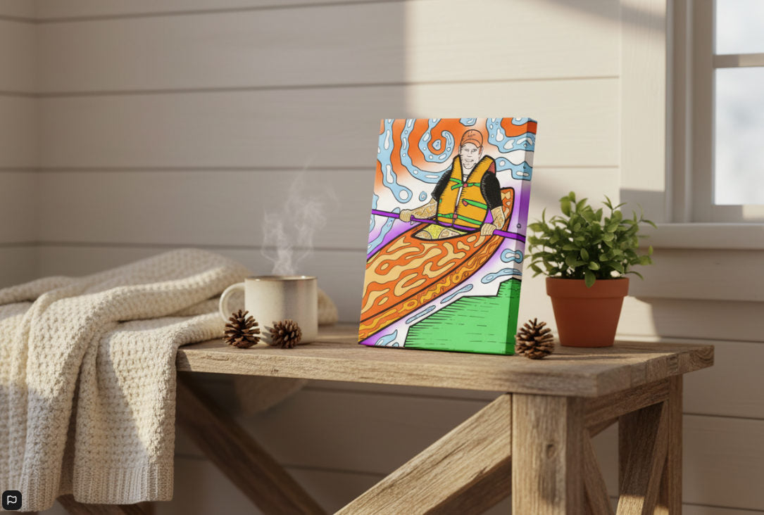 Kayak in Haliburton bright, vivid, canvas - contemporary Muskoka landscape art gift. Trippy cottagecore decor for modern homes and Ontario enthusiasts. Shop!