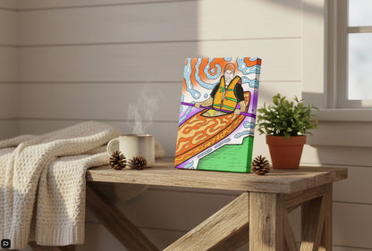 Kayak in Haliburton bright, vivid, canvas - contemporary Muskoka landscape art gift. Trippy cottagecore decor for modern homes and Ontario enthusiasts. Shop!