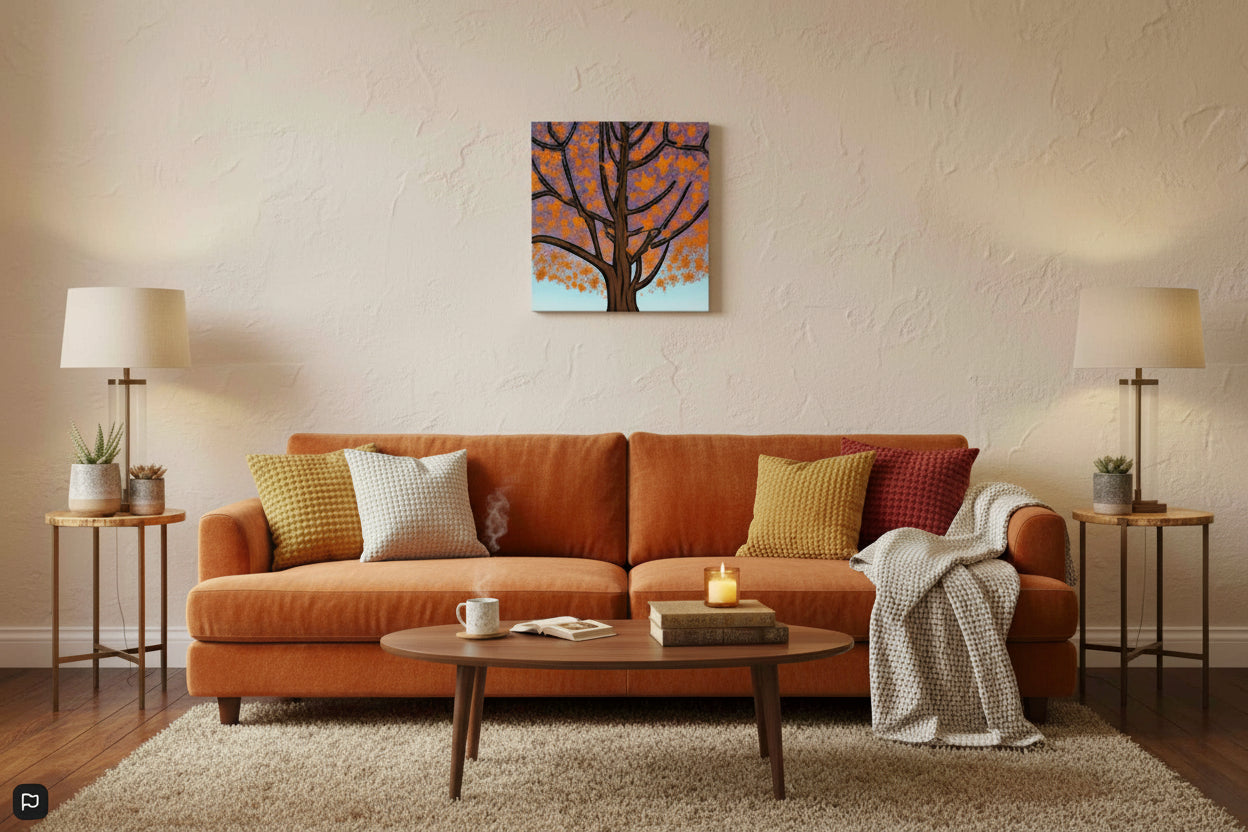 Magic Maple psychedelic autumn canvas - swirling Canadian maple leaf art in vibrant fall colours, cottage country wall decor