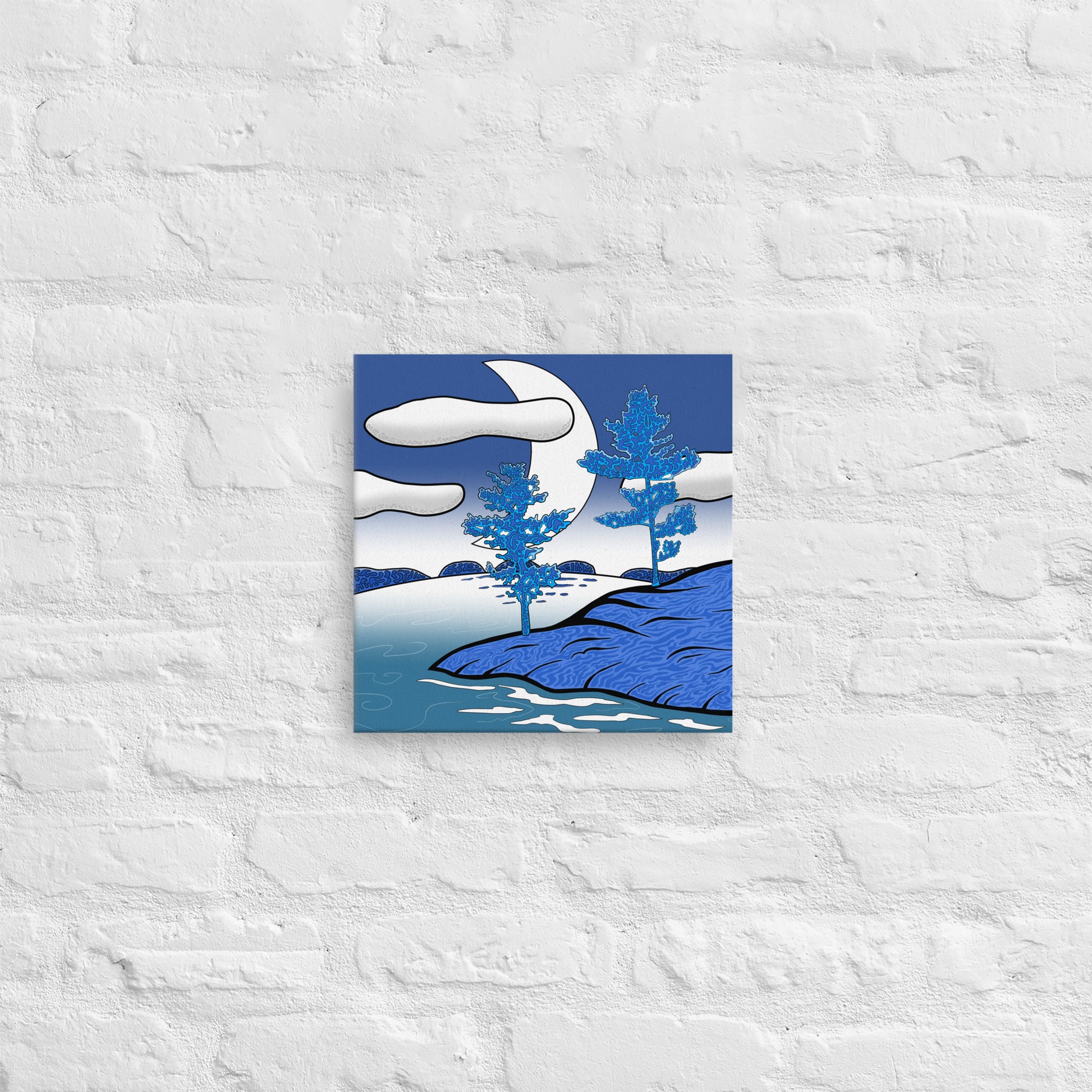 Moody nighttime moon art with clouds, astronomy-inspired stylistic print with peaceful contemporary decor for wall art