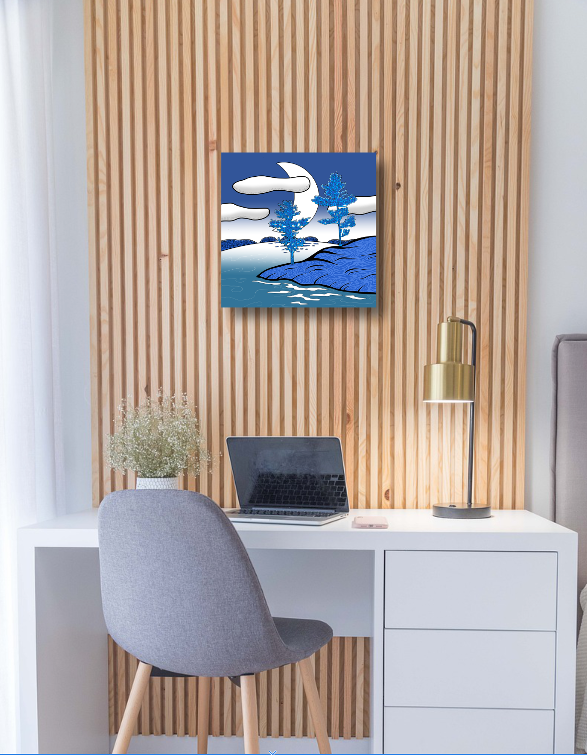 Modern office with a blue hued Lake Superior evening landscape on wall. 