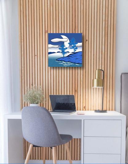 Modern office with a blue hued Lake Superior evening landscape on wall. 