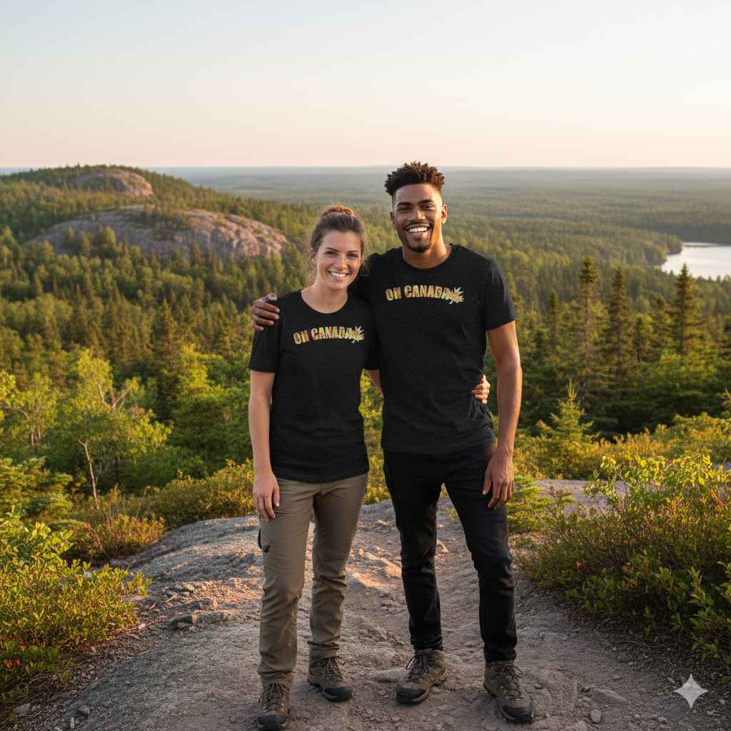 Two people standing on a mountain top in black tshirts with a scenic view of trees and a lake.