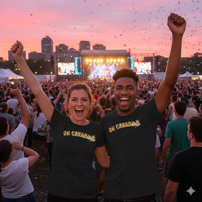 Two people wearing 'OH CANADA' shirts at a concert with a city skyline in the background.
