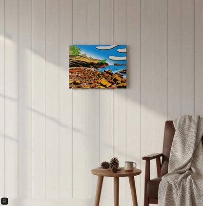 Pancake in Transition autumn art canvas. Shop Lake Superior fall landscape print for cottage wall decor. Canadian gift